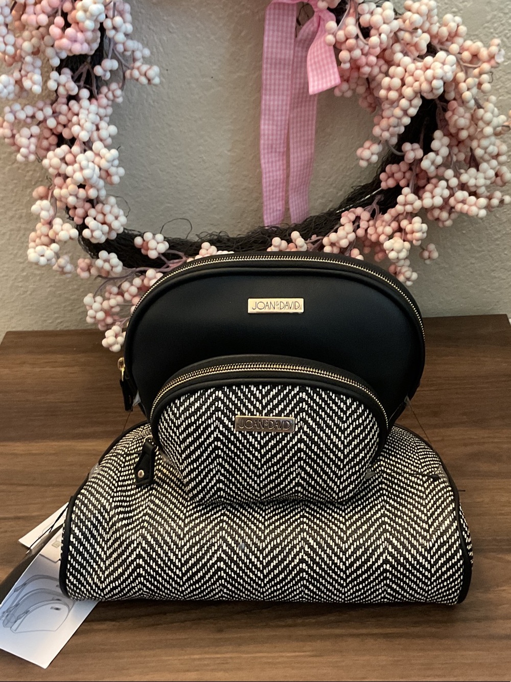 Joan & David Black and Ivory Chevron Cosmetic Pouch Trio